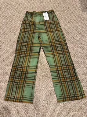 ZARA Green Plaid Wide Leg Pants with Brown, Burgundy & Mustard Stripes NWT